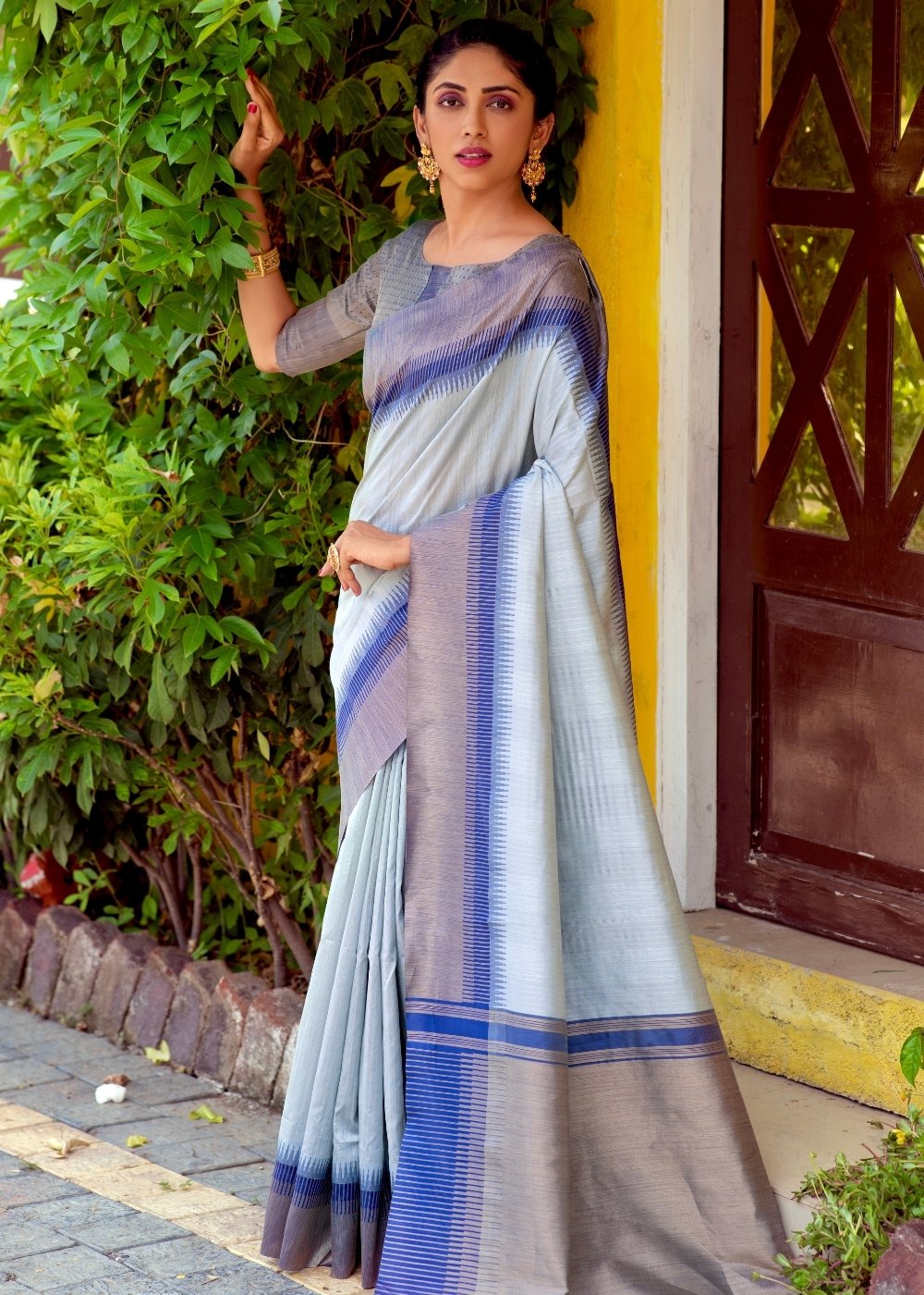 Pastel Blue Zari Weaving Silk Saree with Tassels on Pallu