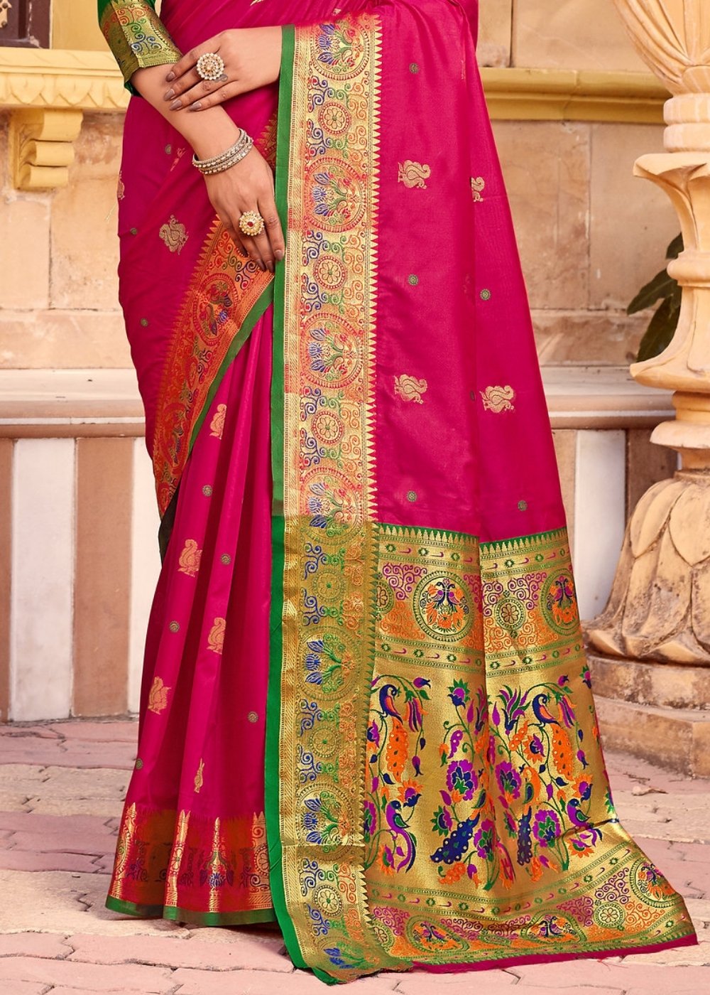 Ruby Pink Woven Paithani Silk Saree