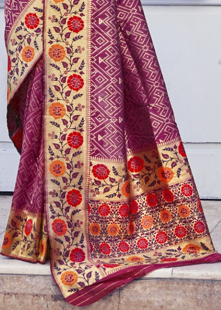 Begonia Pink and Golden Blend Silk Saree with Floral Woven Border and Pallu