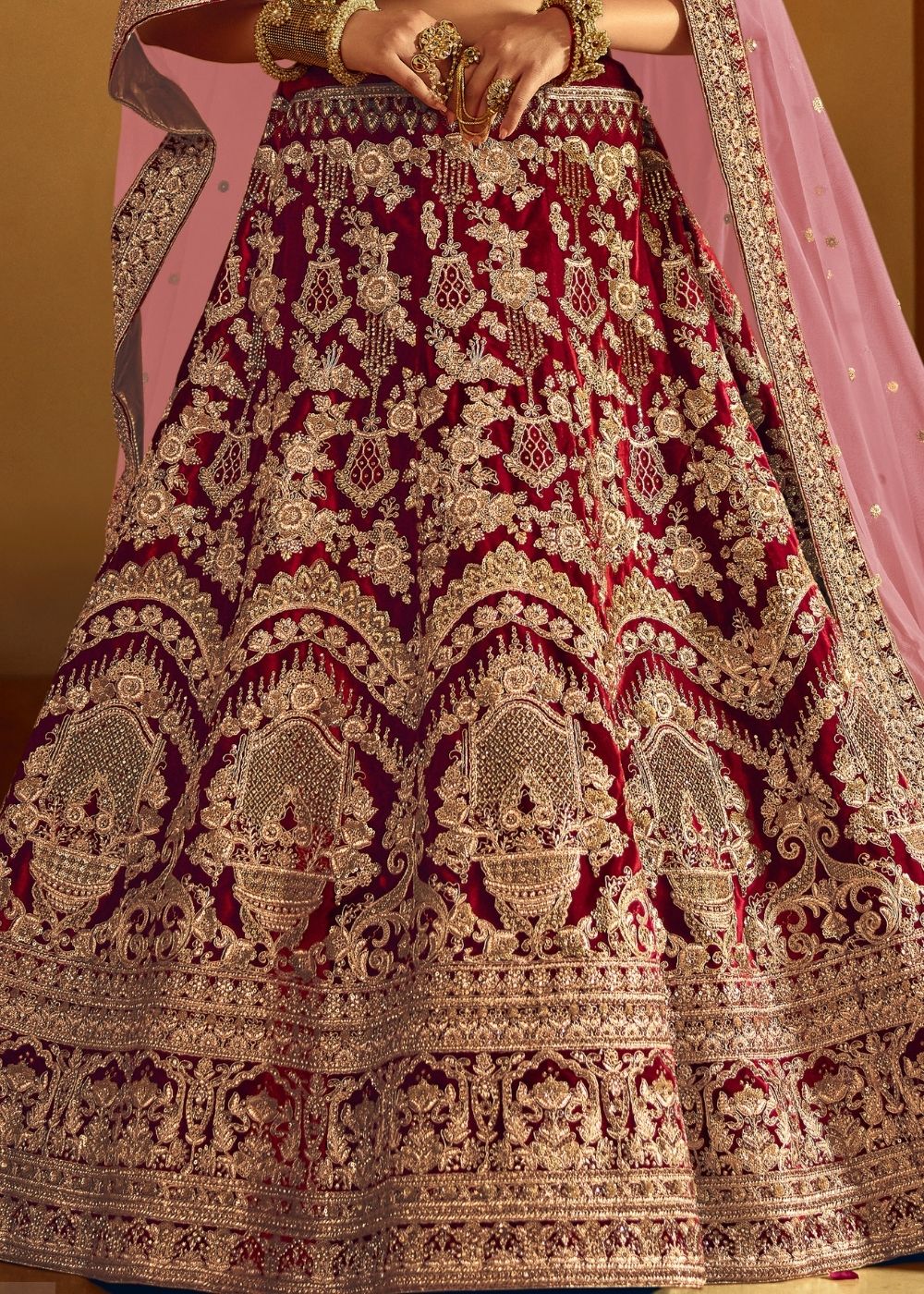 Wine Red Bridal Velvet Lehenga Choli withEmbroidery & Hand work