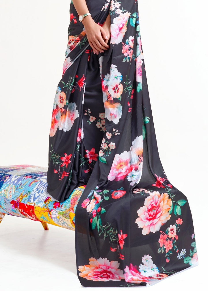 Raven Black Digital Printed Satin Crepe Saree