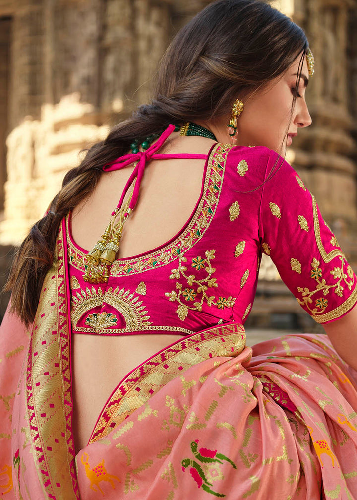 Pastel Pink Woven Banarasi Silk Saree with Embroidered Blouse