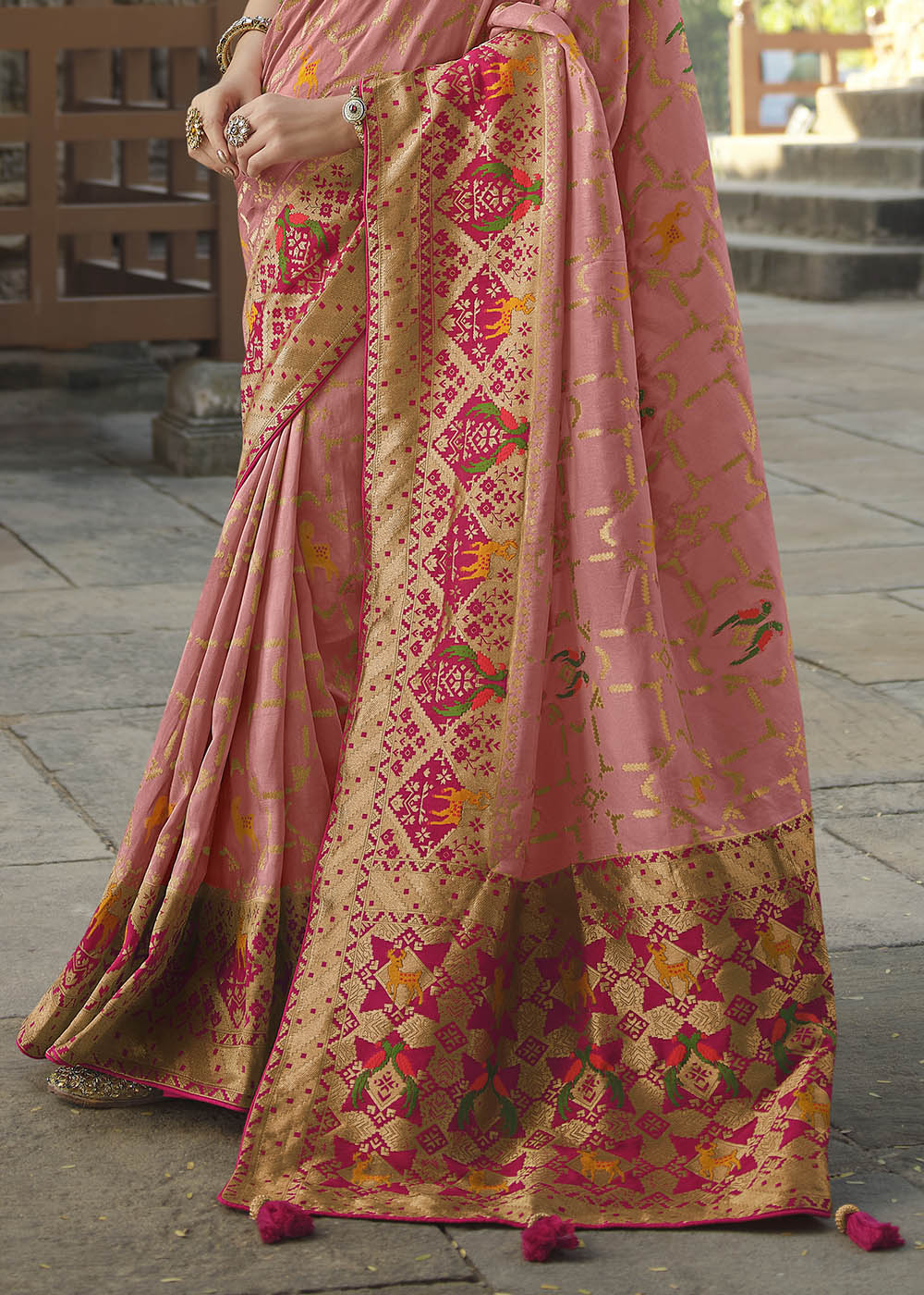 Pastel Pink Woven Banarasi Silk Saree with Embroidered Blouse