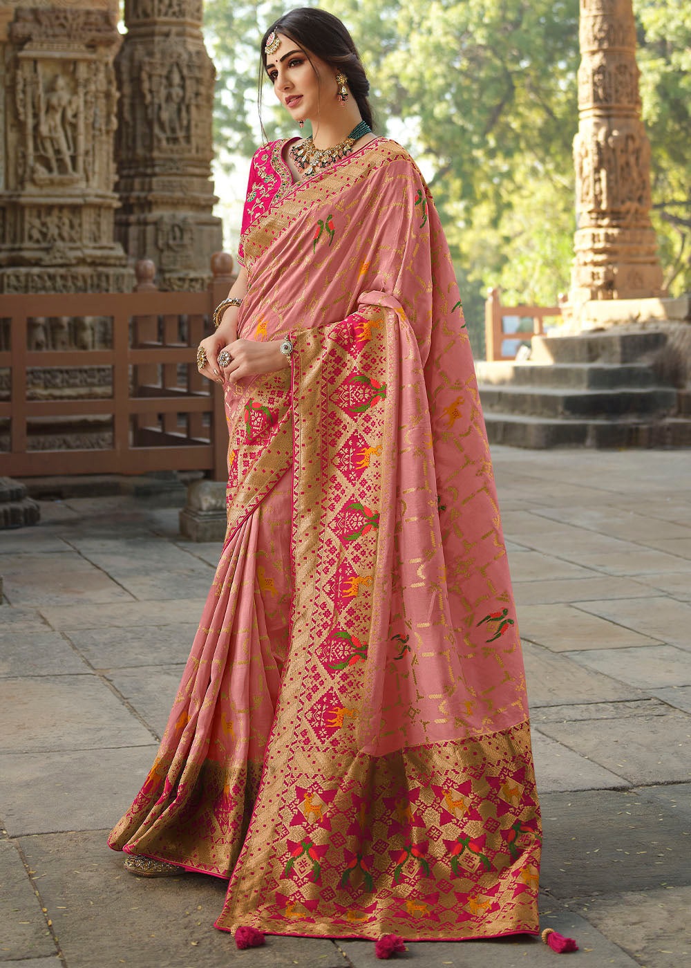 Pastel Pink Woven Banarasi Silk Saree with Embroidered Blouse