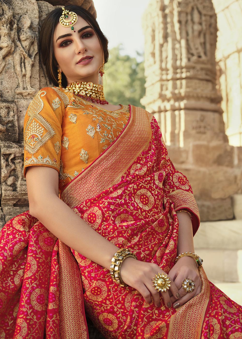 Bridal Red Woven Banarasi Silk Saree with Embroidered Blouse