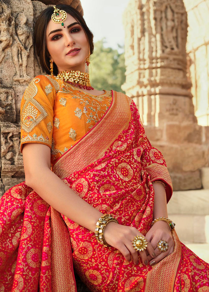 Bridal Red Woven Banarasi Silk Saree with Embroidered Blouse