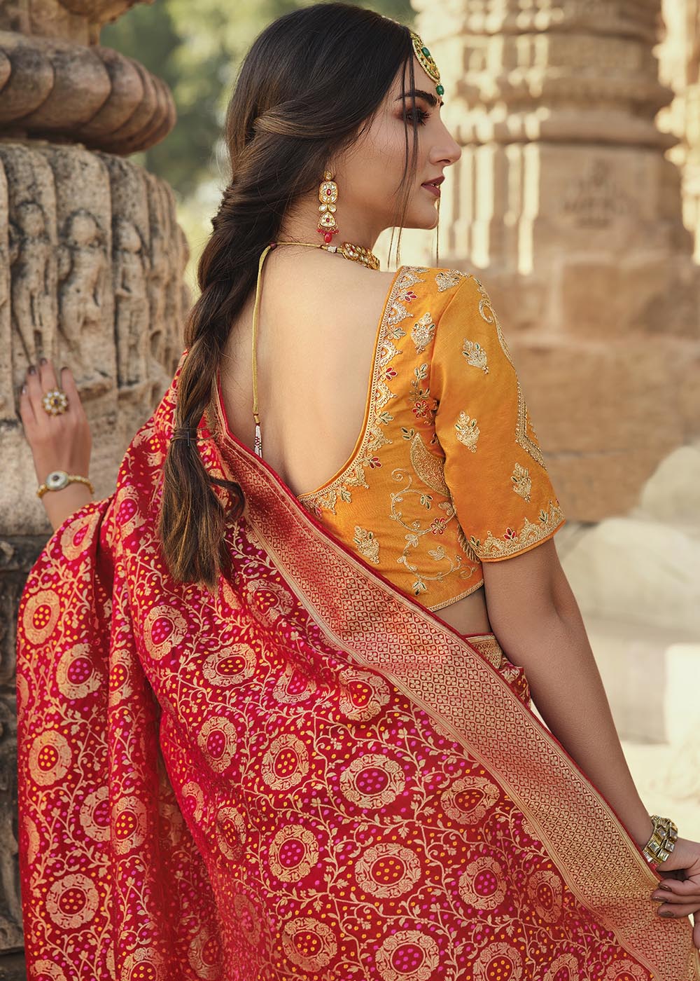 Bridal Red Woven Banarasi Silk Saree with Embroidered Blouse