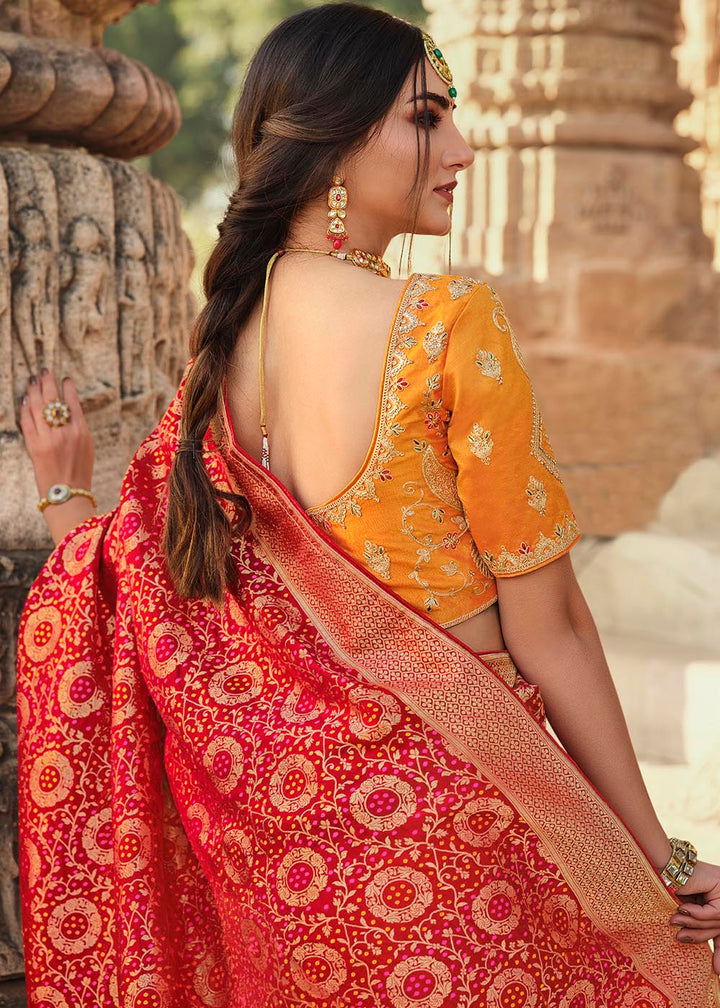 Bridal Red Woven Banarasi Silk Saree with Embroidered Blouse