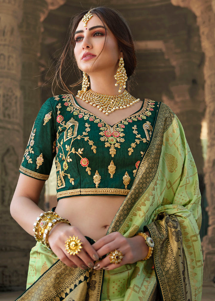 Pastel Green Woven Banarasi Silk Saree with Embroidered Blouse