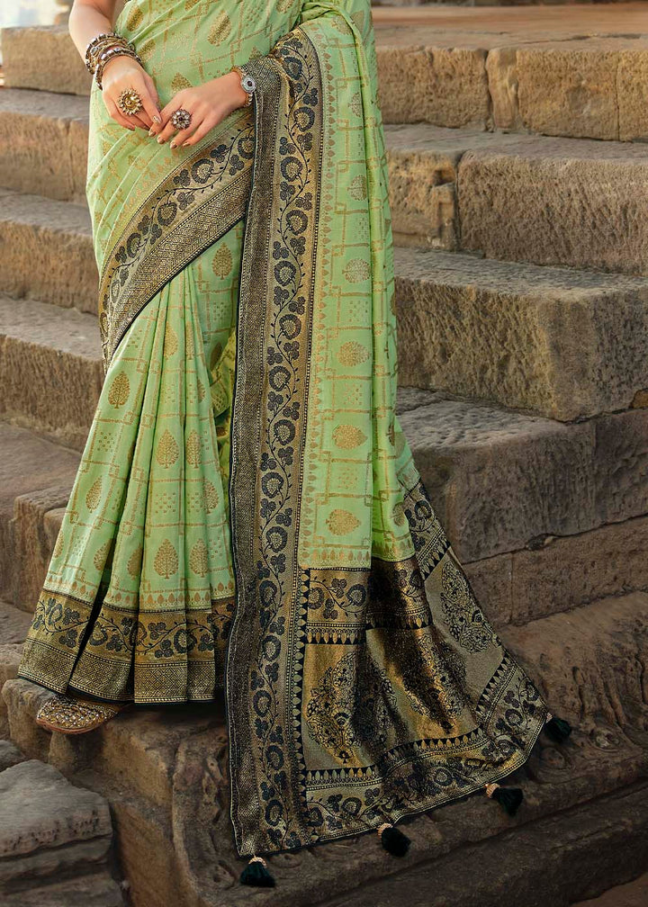 Pastel Green Woven Banarasi Silk Saree with Embroidered Blouse