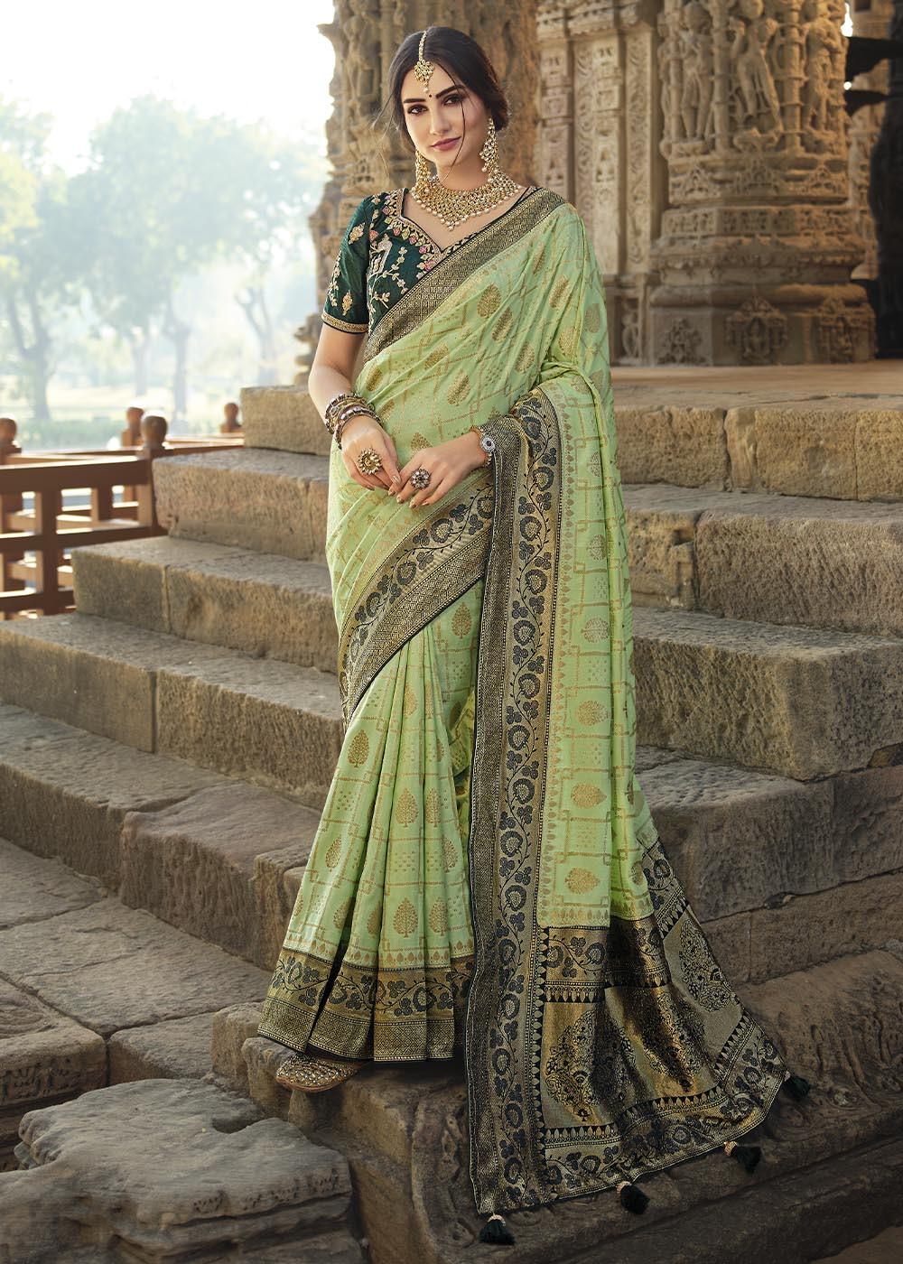 Pastel Green Woven Banarasi Silk Saree with Embroidered Blouse