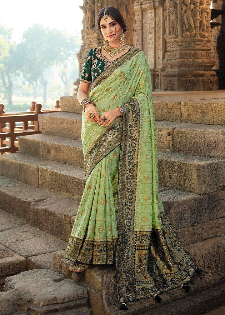 Pastel Green Woven Banarasi Silk Saree with Embroidered Blouse