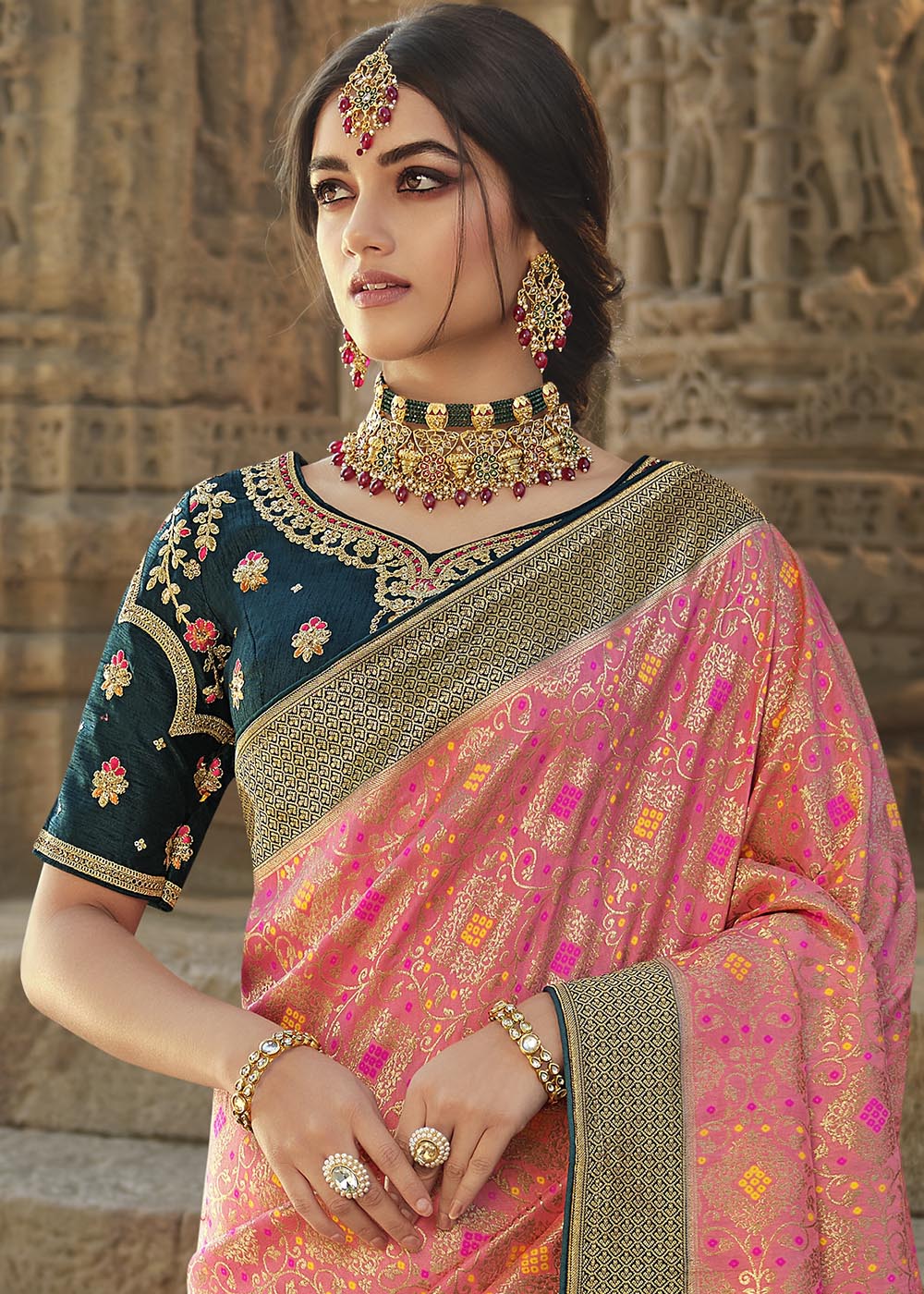 Shades Of Pink Woven Banarasi Silk Saree with Embroidered Blouse : Top Pick