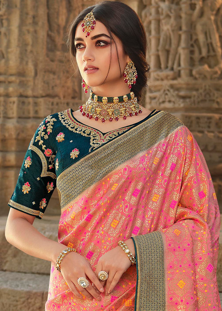 Shades Of Pink Woven Banarasi Silk Saree with Embroidered Blouse : Top Pick