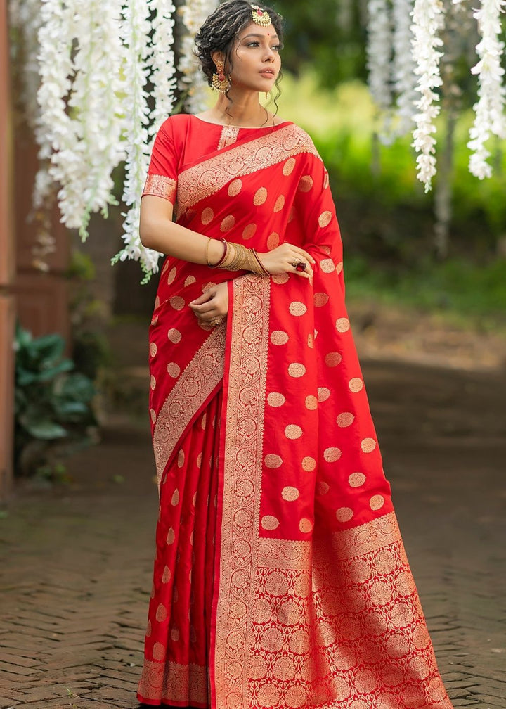 Ferrari Red Soft Banarasi Silk Saree with overall Butti