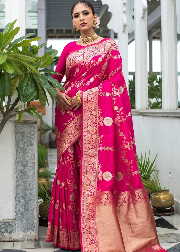 Magenta Pink Soft Banarasi Silk Saree with Floral Zari work