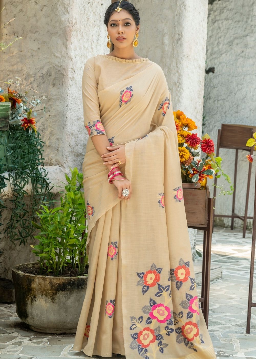 Beige Floral Printed Linen Saree