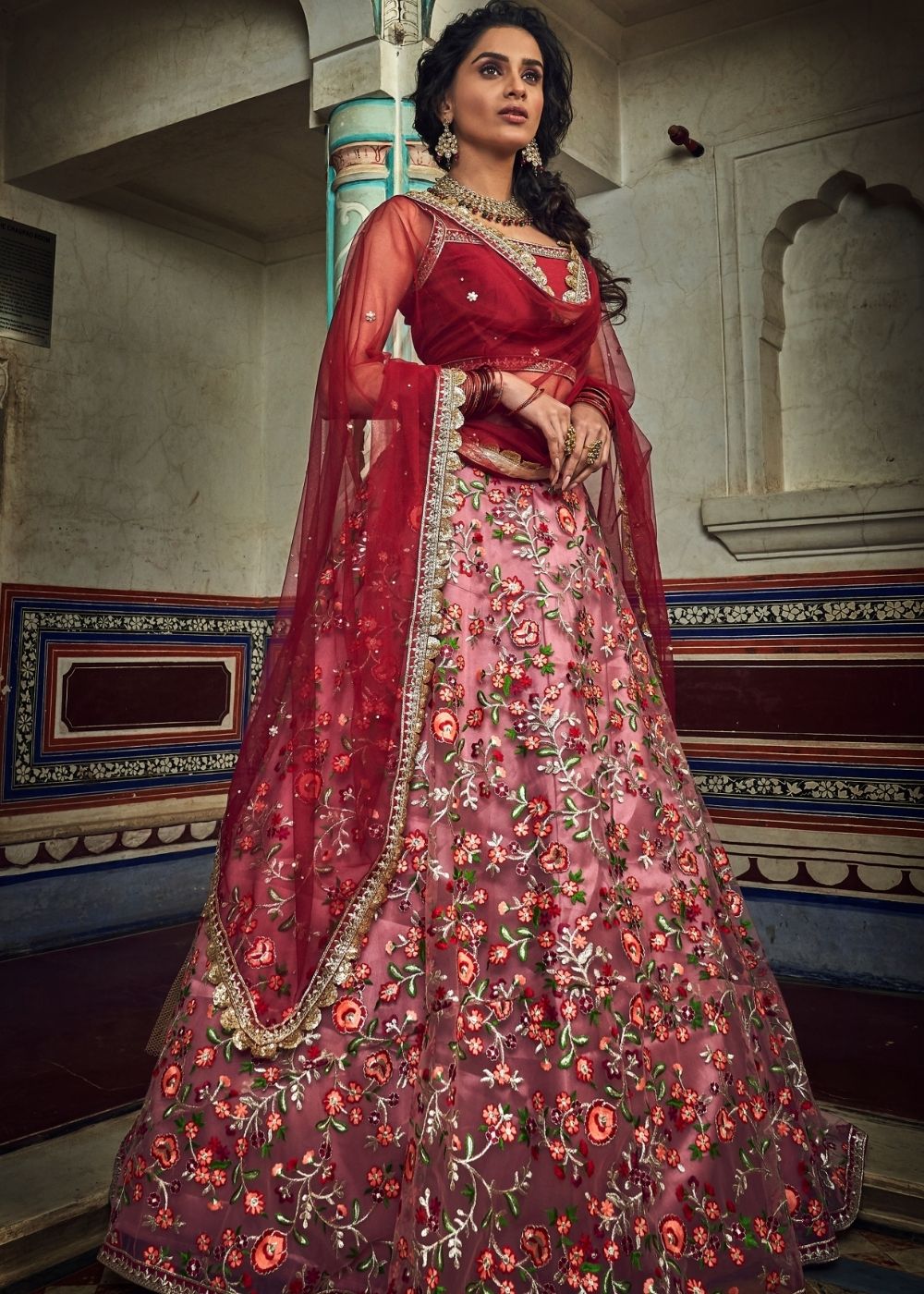 Persian Red Soft Net Lehenga with Thread & Zari work