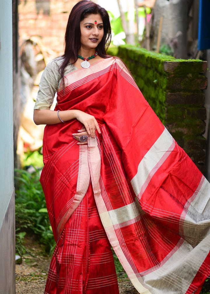 Coral Red Designer Raw Silk Saree