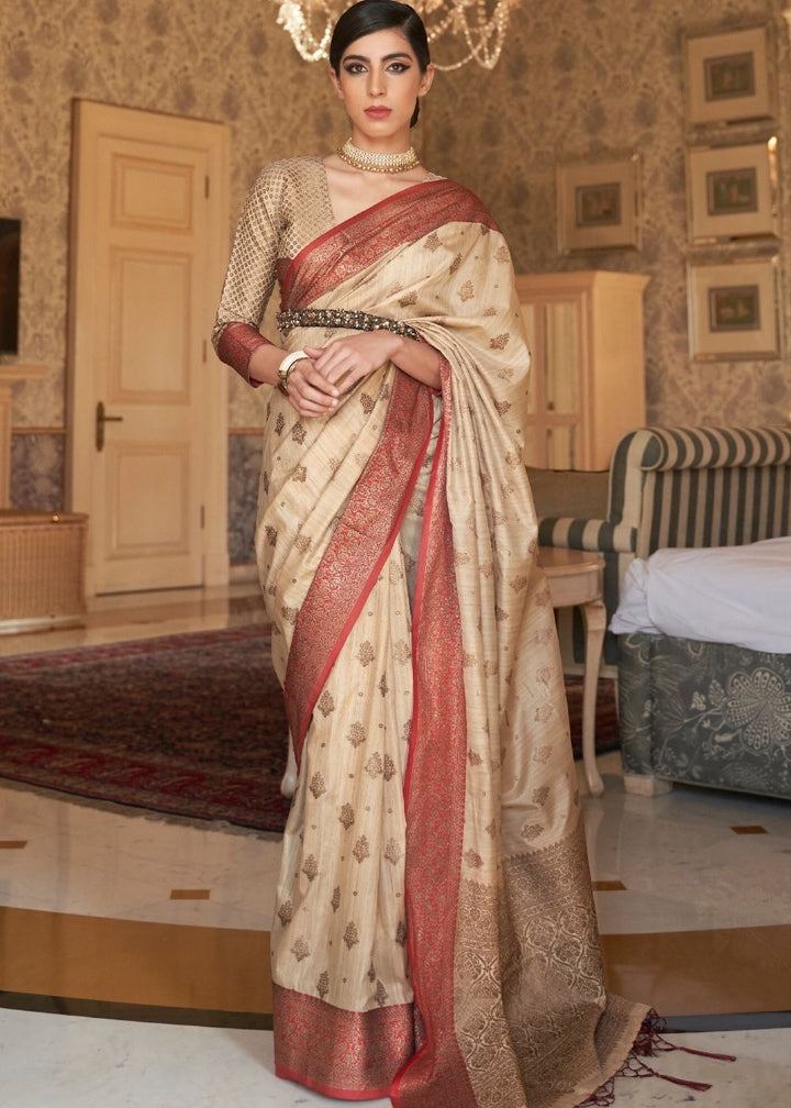 Wheat Brown Woven Banarasi Tussar Silk Saree