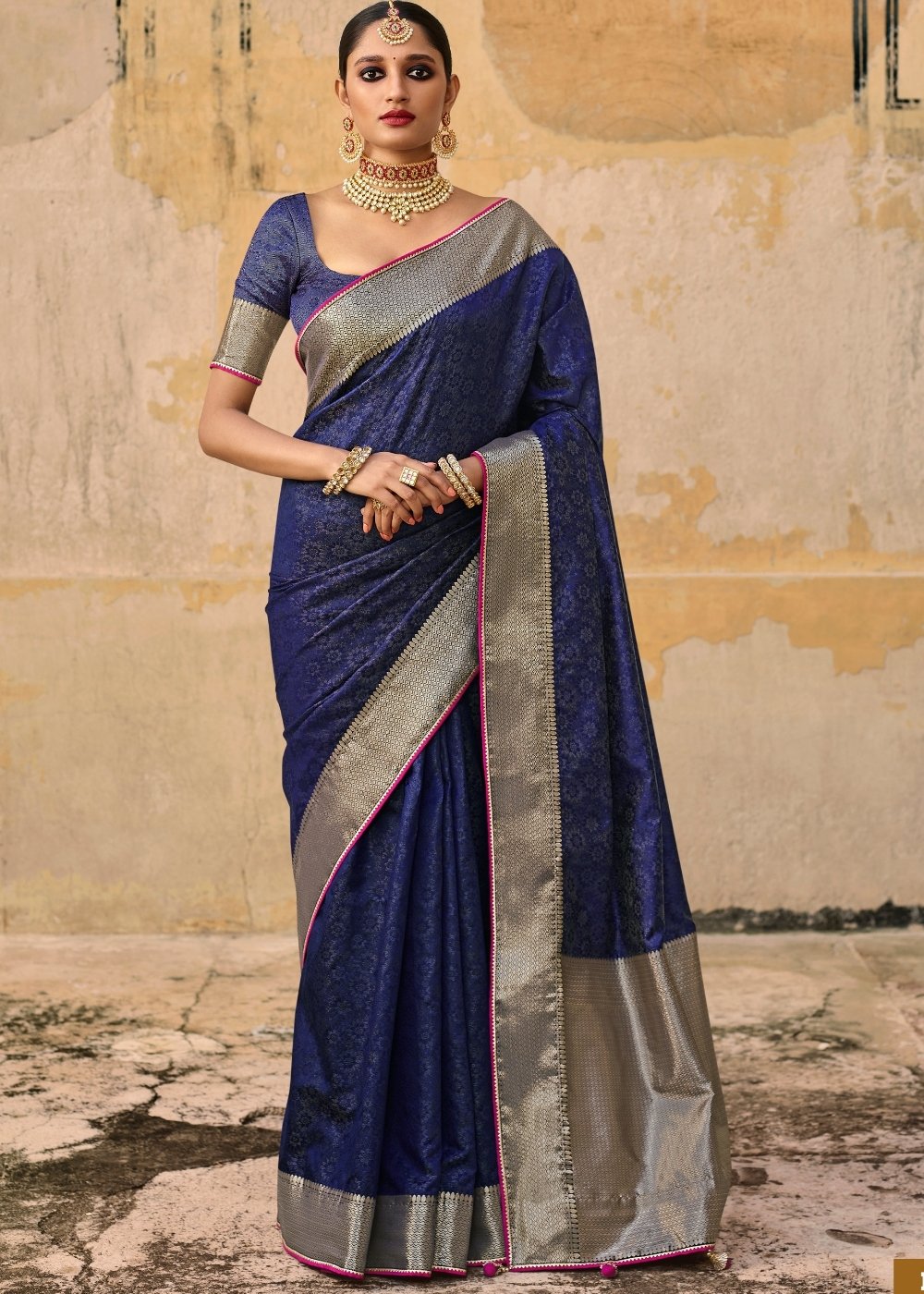 Indigo Blue Jacquard Silk Saree with Zari Border & Pallu