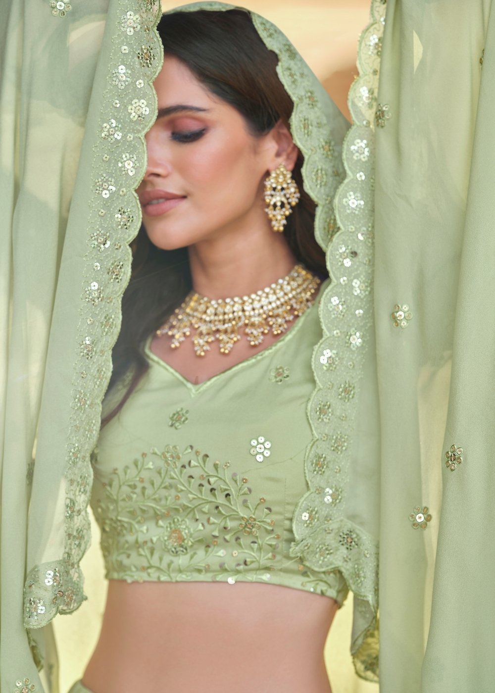 Mint Green Georgette Lehenga Choli with Sequins & Thread work