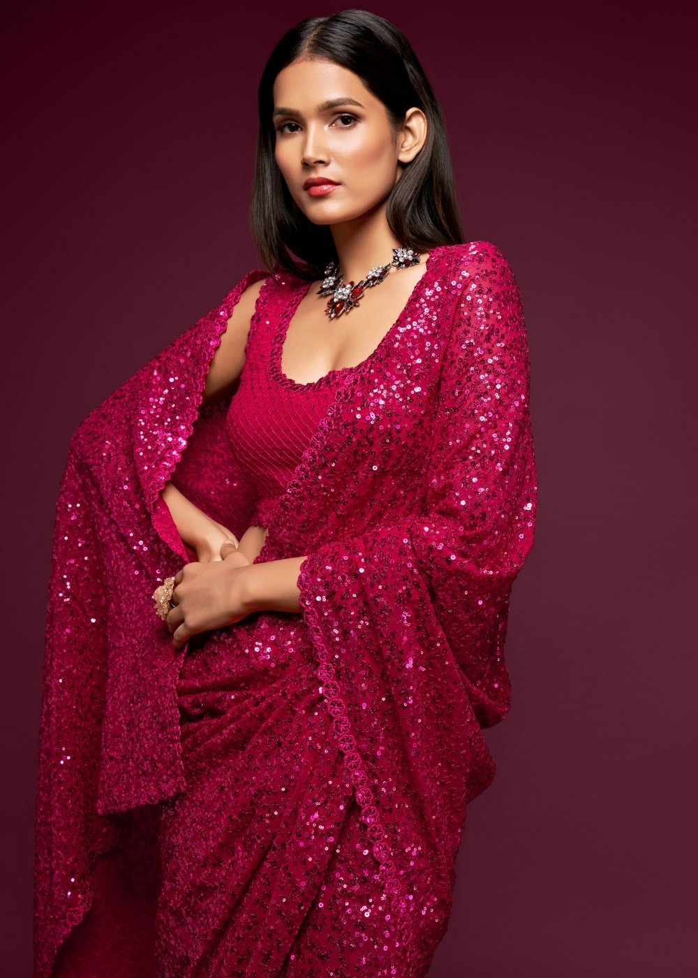 Magenta Pink Sequins & Thread Embroidered Designer Georgette Saree