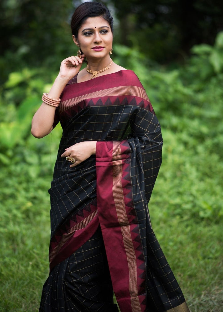 Soot Black Checkered Banarasi Raw Silk Saree