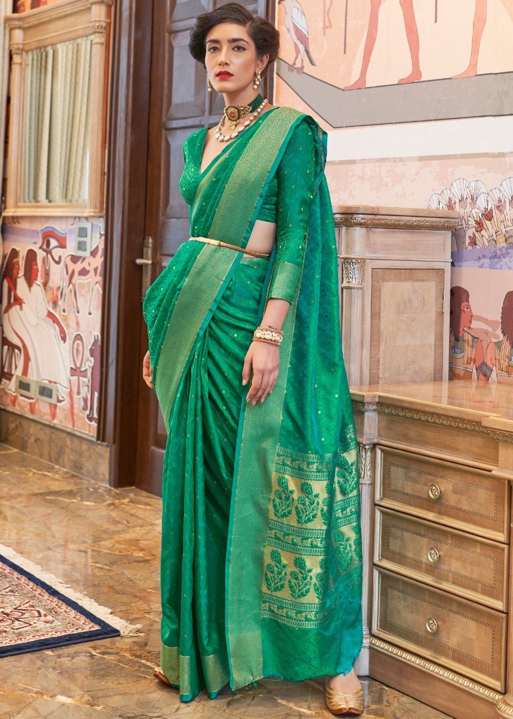 Emerald Green Ultra Soft Kanjivaram Silk Saree with Zari  Border and Pallu