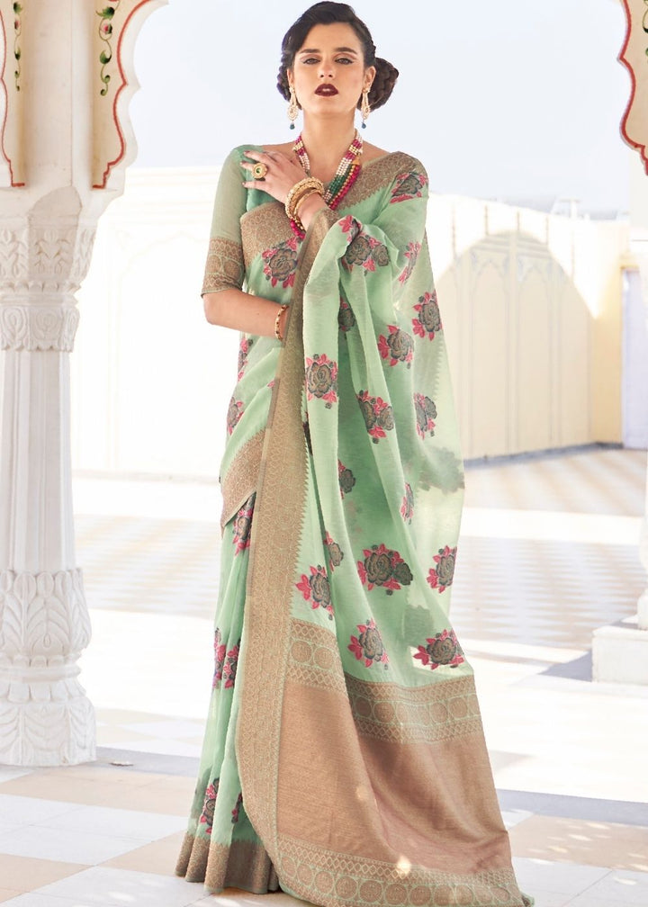 Pastel Green Pure Linen Woven Silk Saree with Resham work