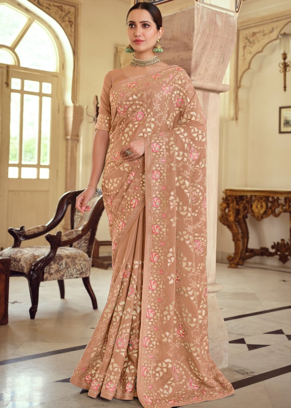 Fawn Brown Designer Satin Georgette Saree with Gota & Resham work