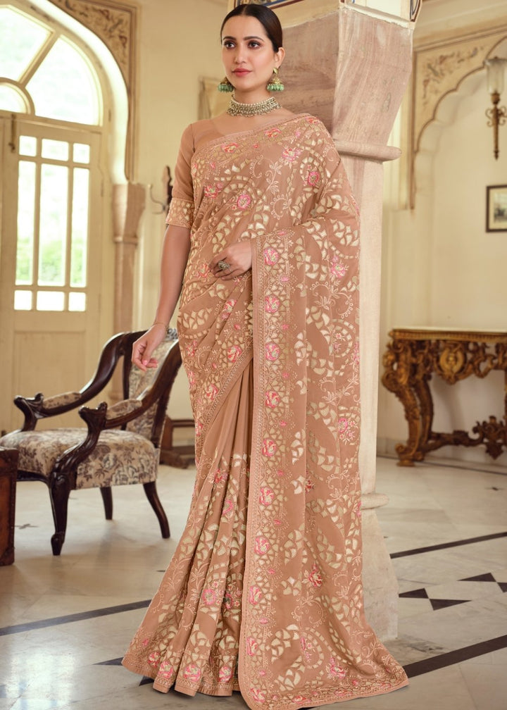 Fawn Brown Designer Satin Georgette Saree with Gota & Resham work