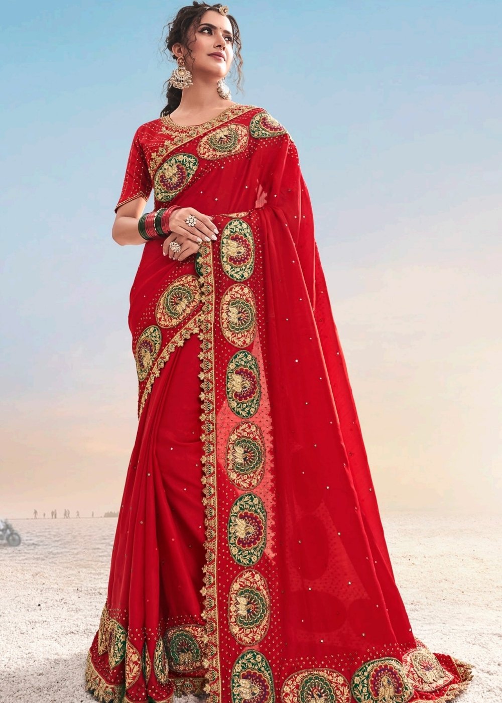 Red Pure Satin Saree with Jari, Moti, Cut-Dana and Crystal work