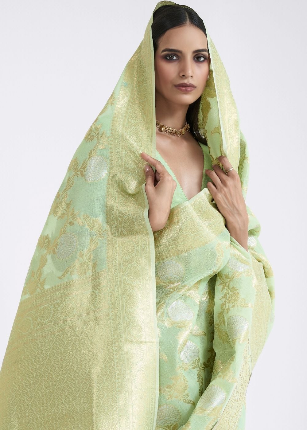 Mint Green Zari Woven Linen Silk Saree