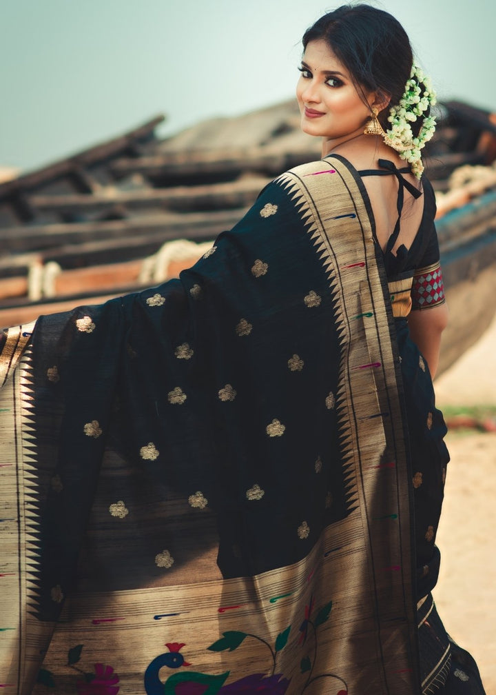 Midnight Black Paithani Tussar Silk Saree with Jacquard Weaving Butta overall