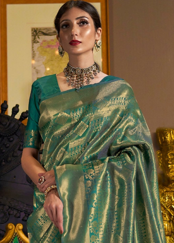 Dark Green and Golden Blend Kanjivaram Soft Woven Silk Saree