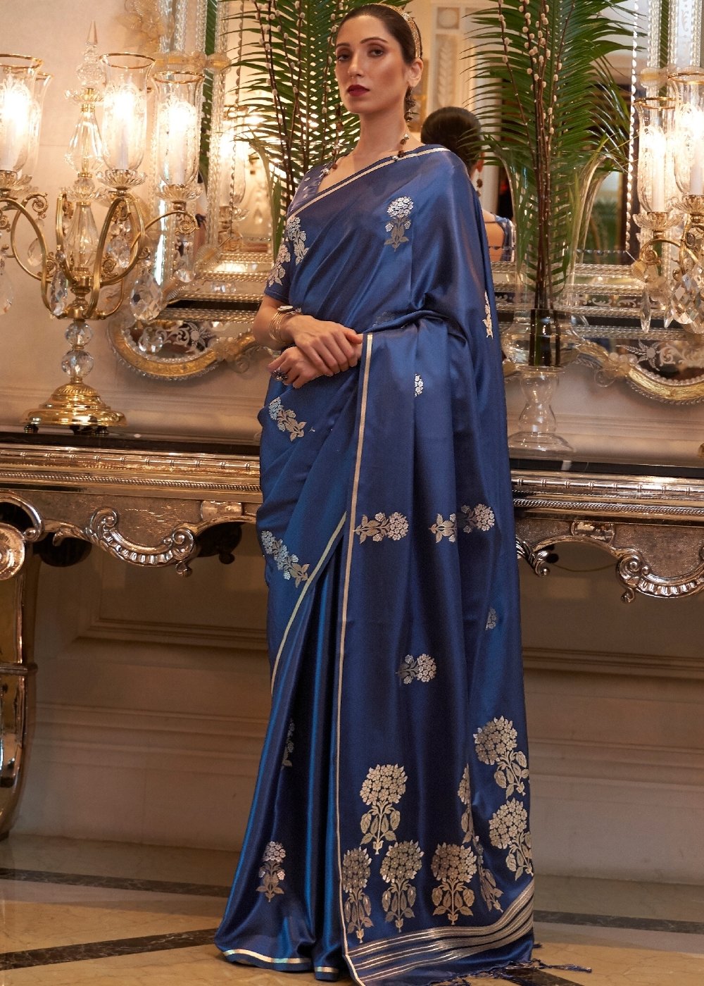 Midnight Blue Designer Satin Silk Saree