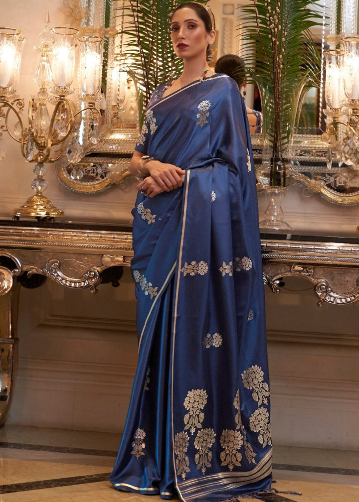 Midnight Blue Designer Satin Silk Saree