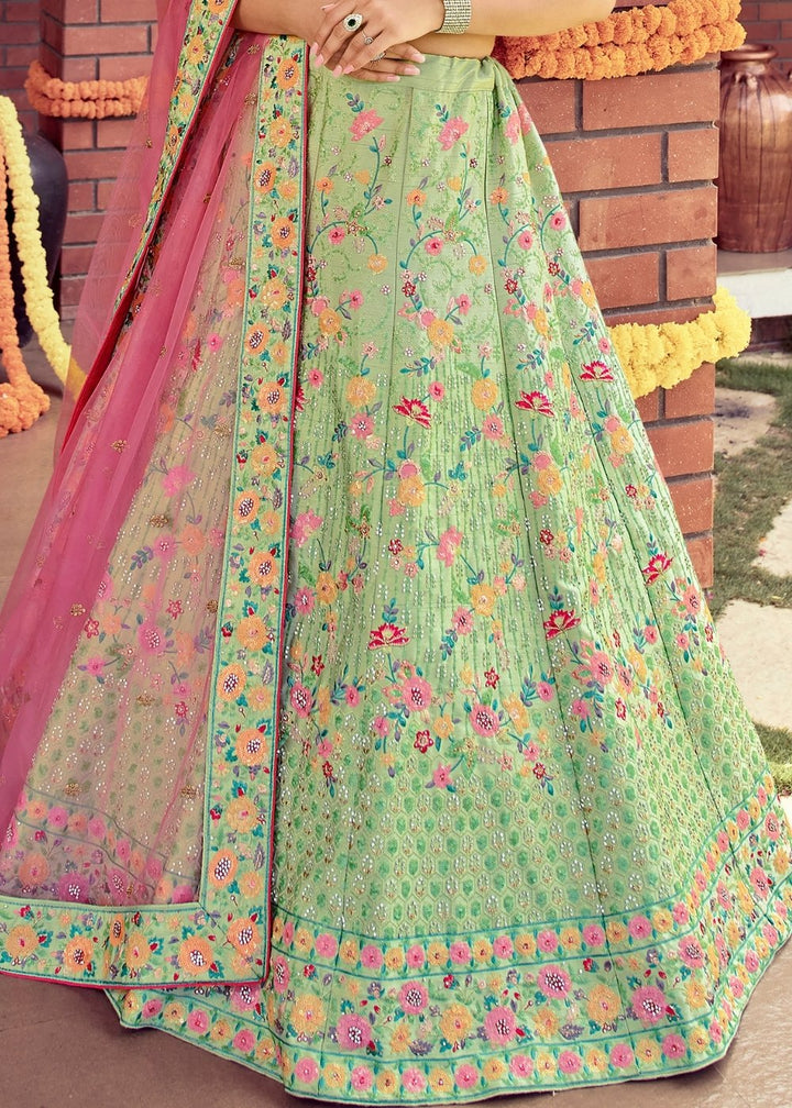 Kelly Green Raw Silk Lehenga Choli with Sequins, Resham & Zarkan work