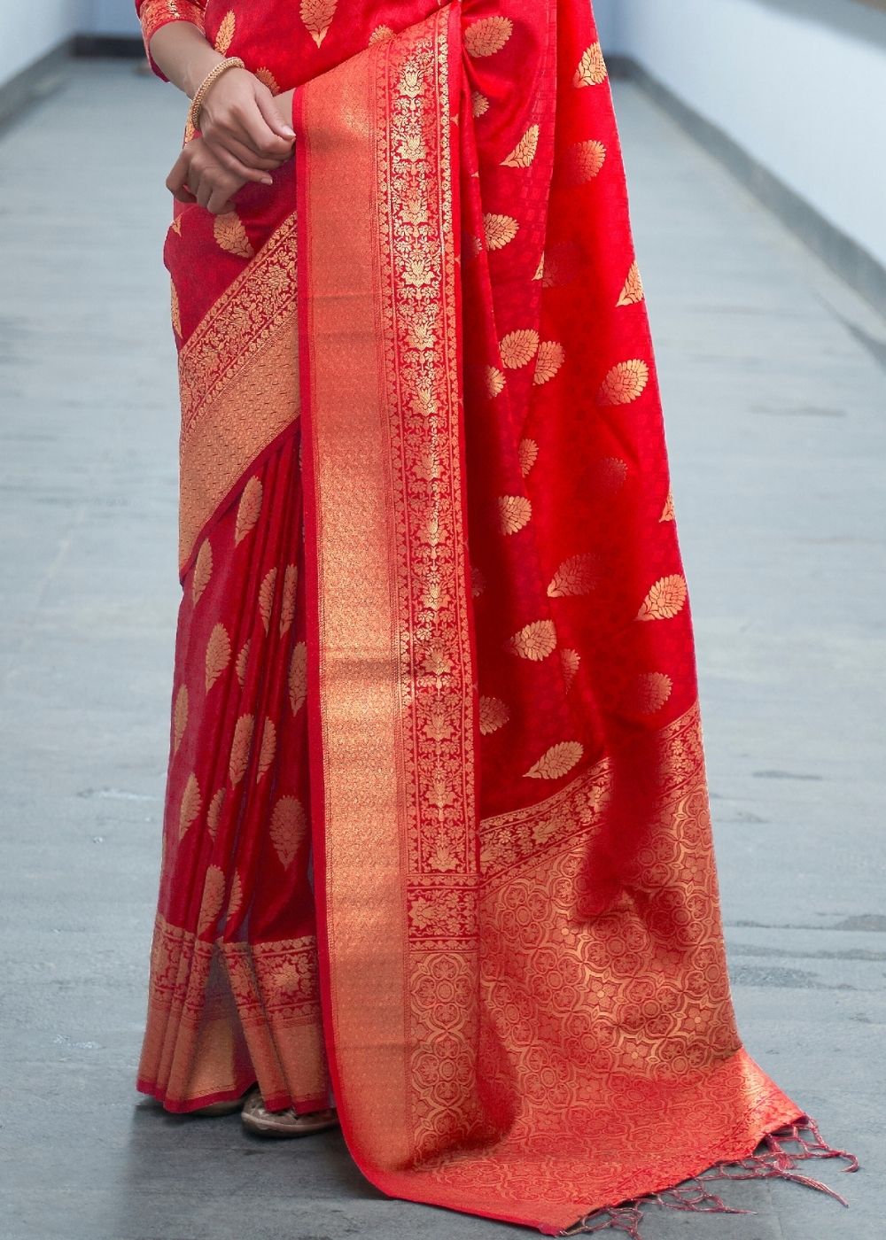 Crimson Red Woven Banarasi Silk Saree with overall Butti