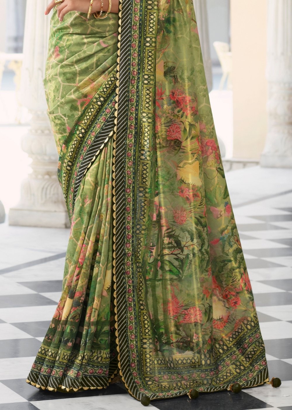 Iguana Green Floral Digital Print Silk Saree