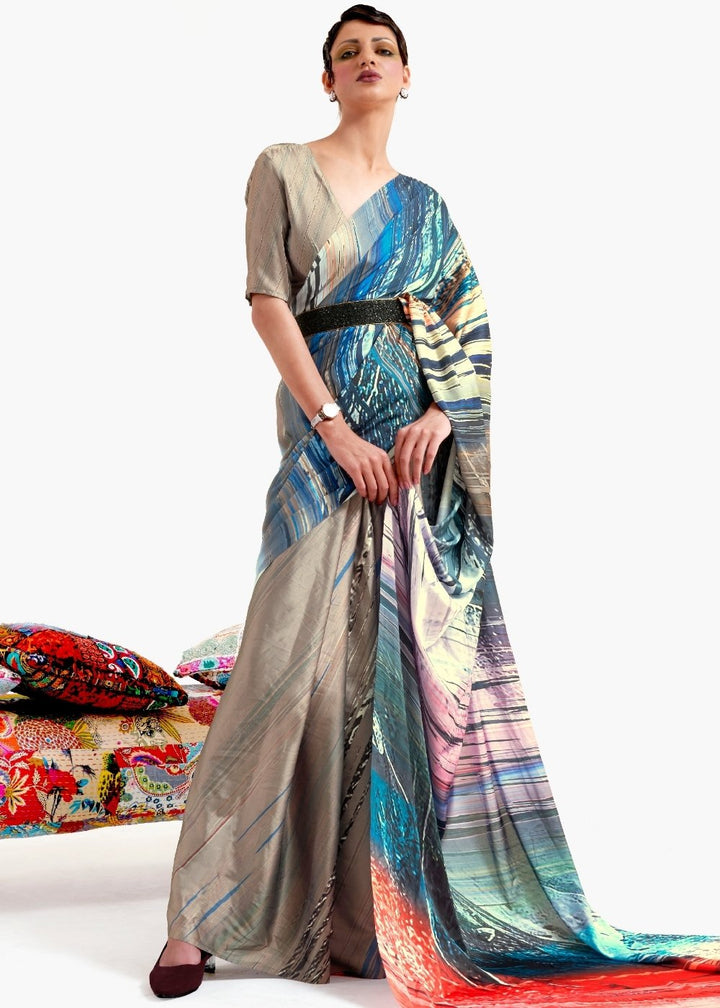 Camel Brown Digital Printed Satin Crepe Saree