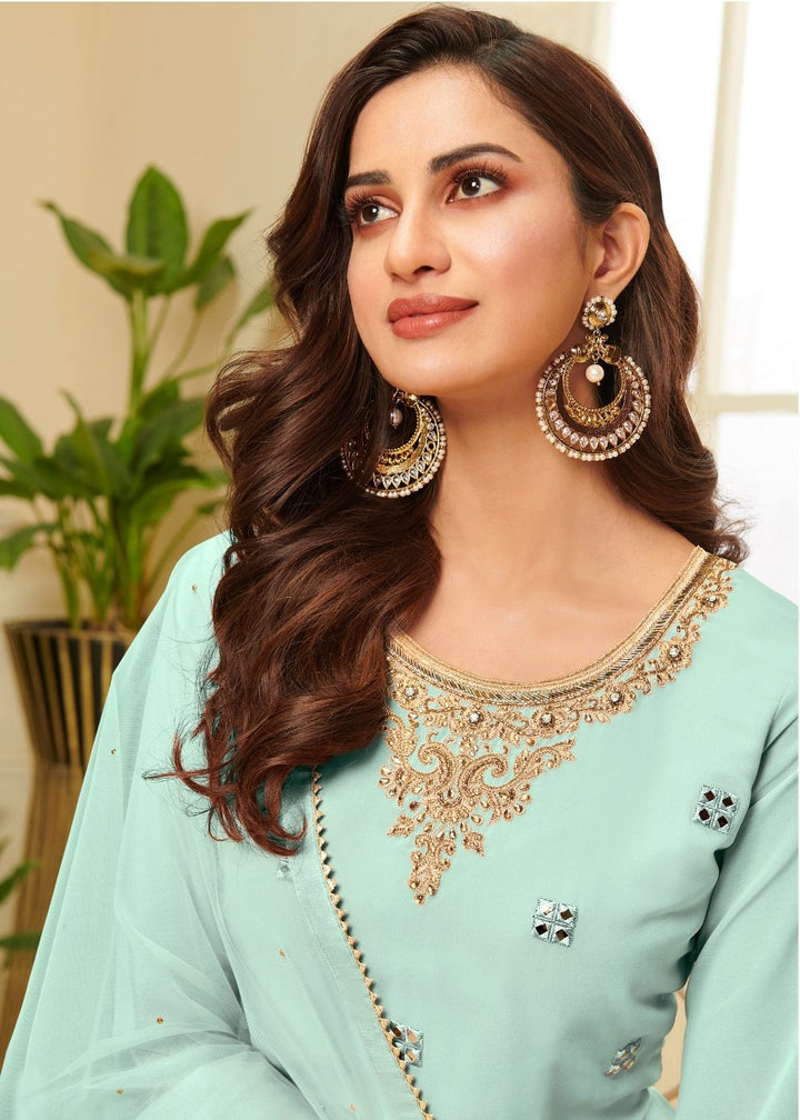 Powder Blue Georgette Sharara Suit with Gota work & Embroidery