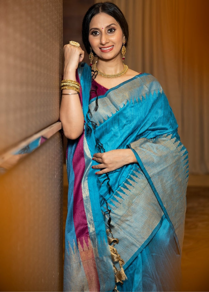 Azure Blue Art Silk Saree with Temple Border