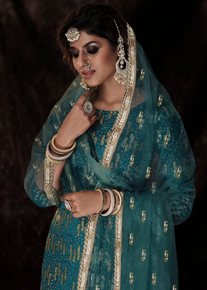 Dark Firozi Blue Designer Soft Net Sharara Suit with Sequin work