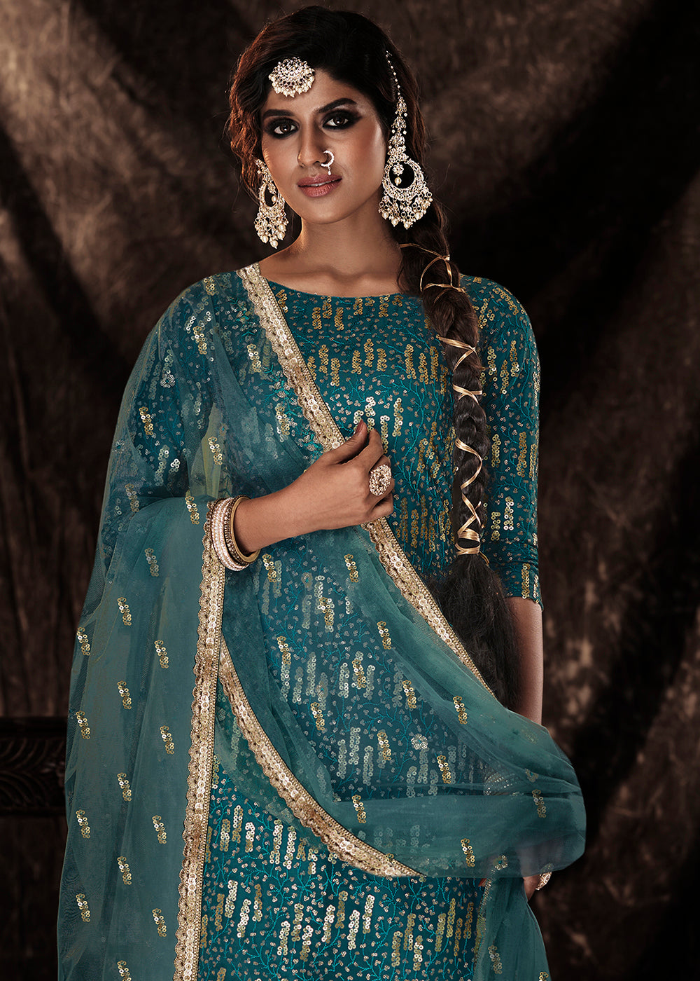 Dark Firozi Blue Designer Soft Net Sharara Suit with Sequin work