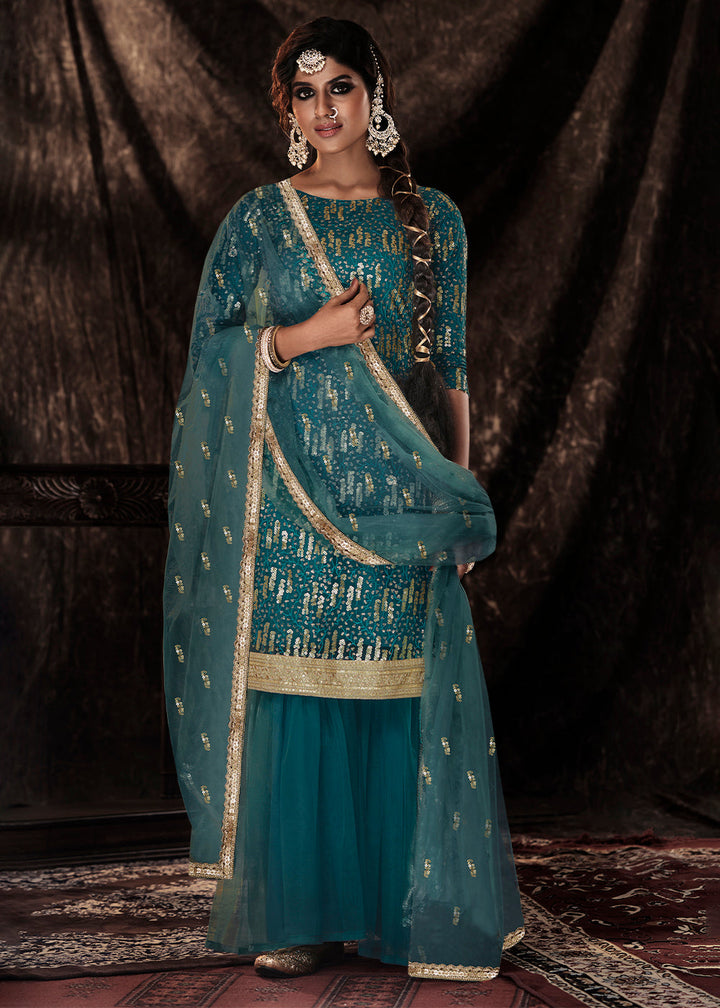 Dark Firozi Blue Designer Soft Net Sharara Suit with Sequin work