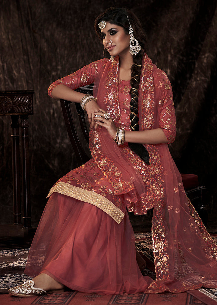 Chestnut Brown Designer Soft Net Sharara Suit with Sequin work