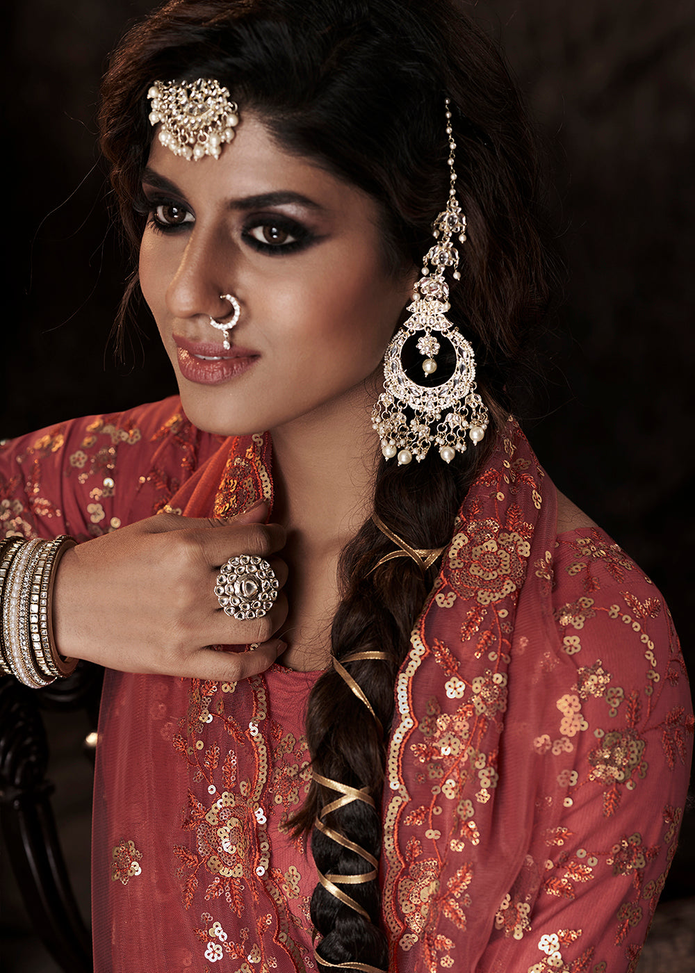 Chestnut Brown Designer Soft Net Sharara Suit with Sequin work