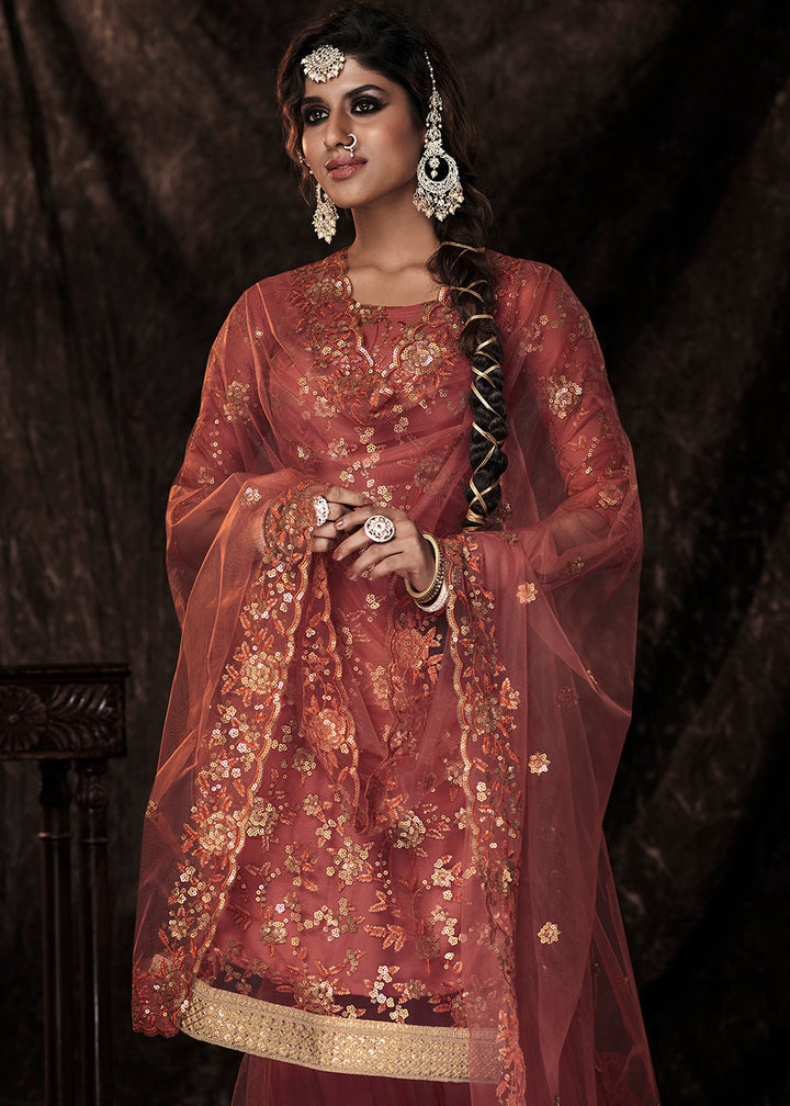 Chestnut Brown Designer Soft Net Sharara Suit with Sequin work